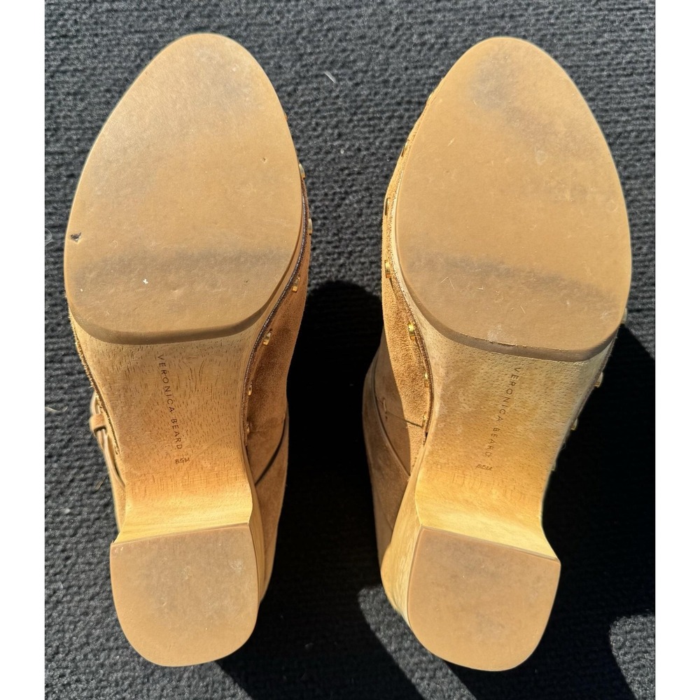 Veronica Beard Dacey Suede Wooden Clog Mule Camel Brown Studded Buckle Heel 8.5M - Picture 13 of 13
